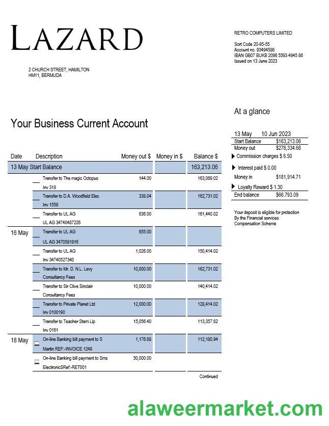 Lazard Bank business statement Word and PDF template